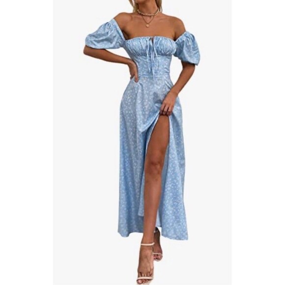 KUTUMAI Off Shoulder Puff Sleeve Floral Maxi Dress Sky Blue - Picture 1 of 9
